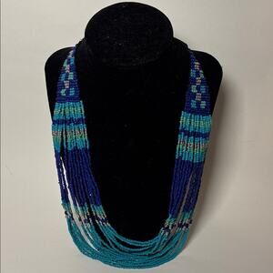 Multi Strand Beaded Statement Necklace in Blue Teals and Green 22” with extender